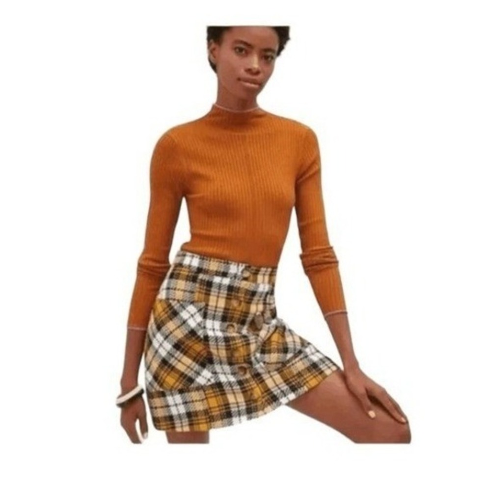 Maeve‎ Anthropologie Clueless Mini Skirt Yellow Black White Tartan Plaid Knit Sz